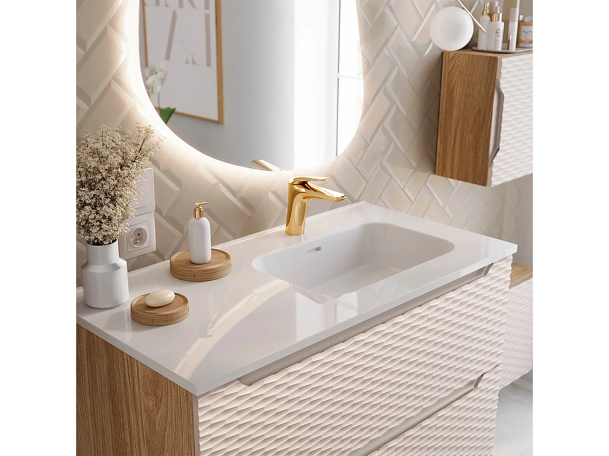 Meuble simple vasque encastrée droite 90cm Elora Beige et bois