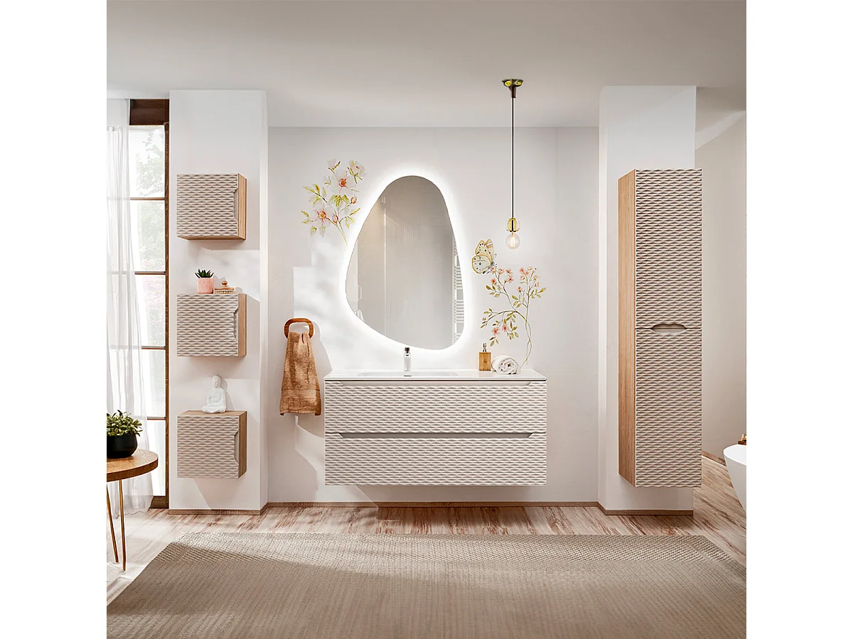 Meuble simple vasque encastrée gauche 120cm 2 tiroirs Elora Beige et bois