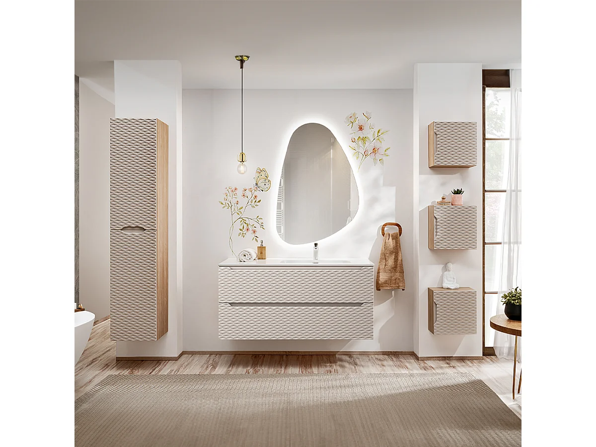 Meuble simple vasque encastrée droite 120cm 2 tiroirs Elora Beige et bois