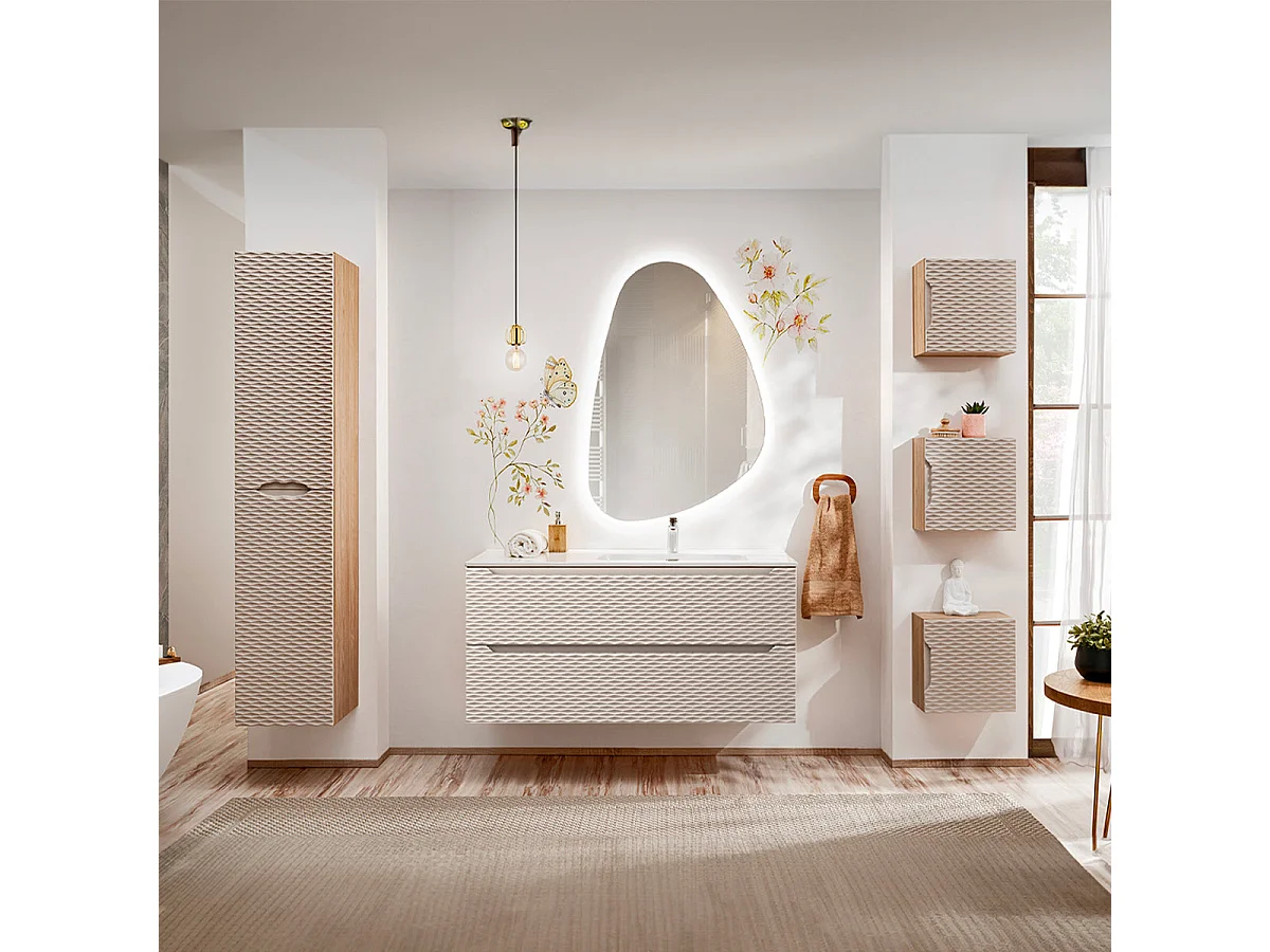 Meuble simple vasque encastrée droite 120cm 2 tiroirs Elora Beige et bois