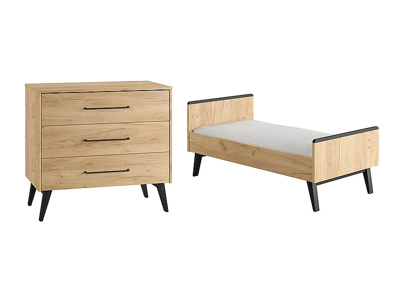 Lit évolutif 70x140 et commode 3 tiroirs Retro Bois