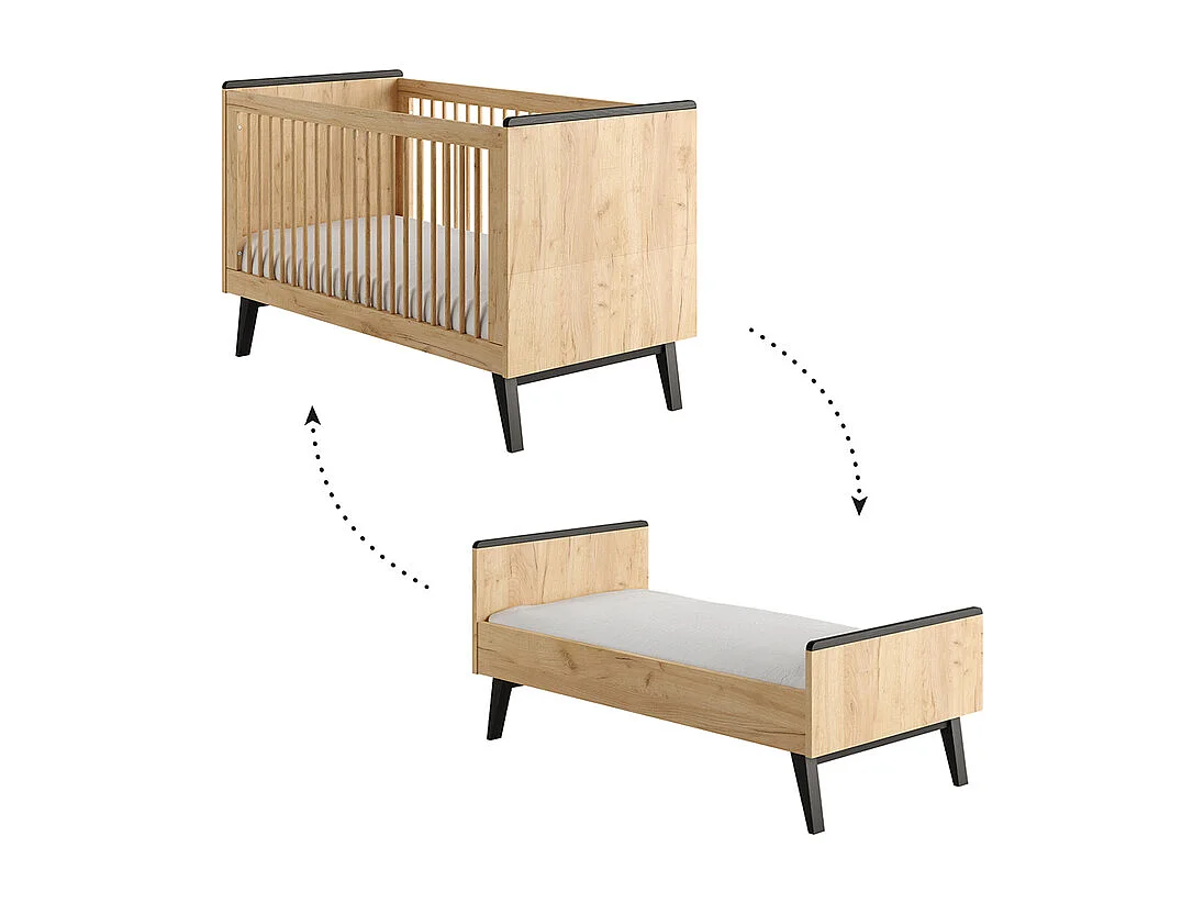 Lit évolutif 70x140 et commode 3 tiroirs Retro Bois