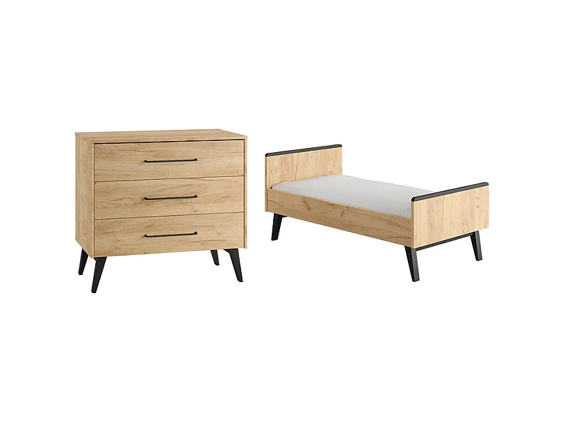 Lit évolutif 70x140 et commode 3 tiroirs Retro Bois