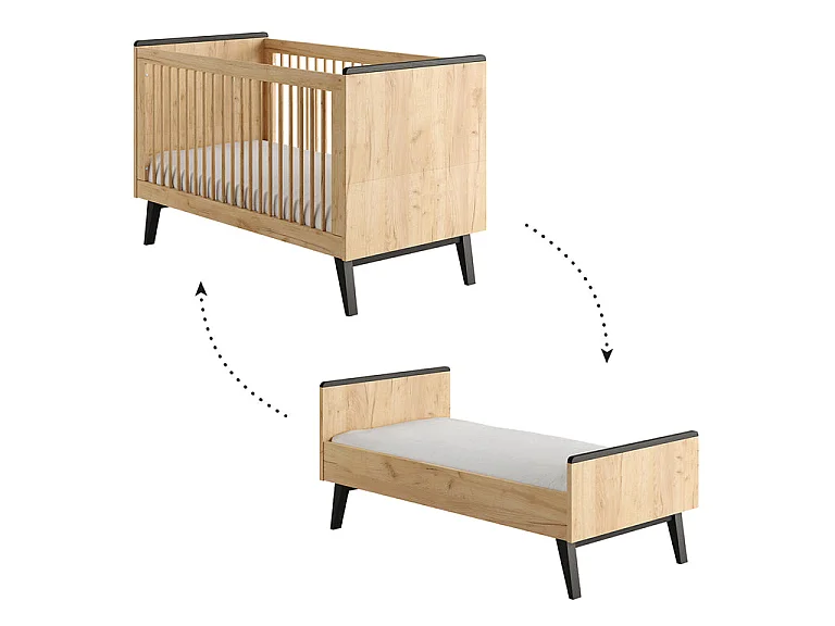 Convertible cot bed 70x140 and 3-drawer chest Pinio Retro Wood