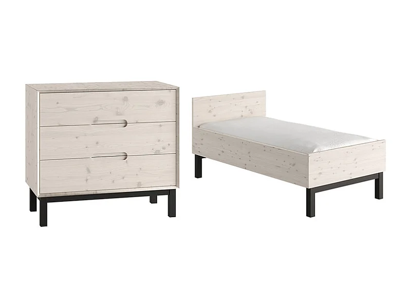 Lit évolutif 70x140 et commode 3 tiroirs Country Bois blanchi