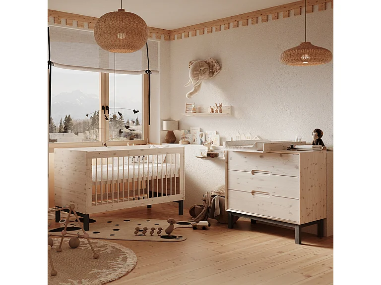 Lit évolutif 70x140 et commode 3 tiroirs Country Bois blanchi