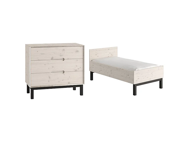Lit évolutif 70x140 et commode 3 tiroirs Country Bois blanchi
