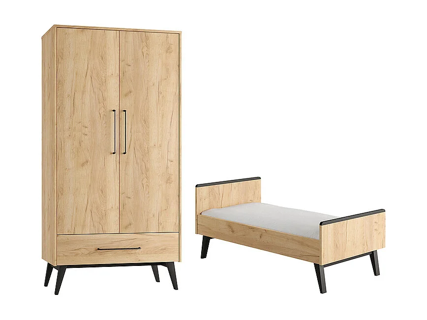 Lit évolutif 70x140 et armoire 2 portes Retro Bois