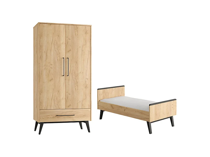 Lit évolutif 70x140 et armoire 2 portes Retro Bois