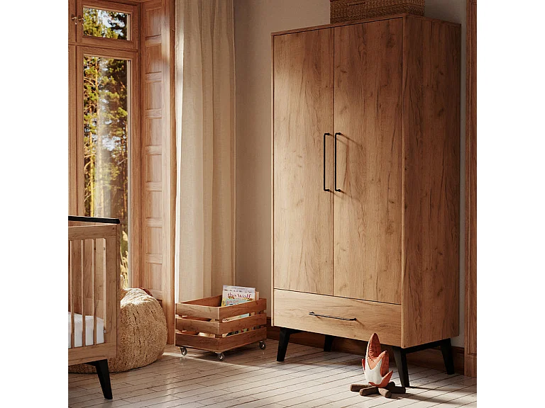 Convertible cot bed 70x140 and 2-door wardrobe Pinio Retro Wood