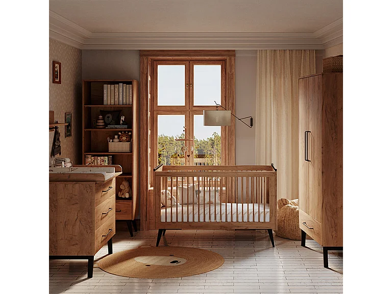 Convertible cot bed 70x140 and 2-door wardrobe Pinio Retro Wood
