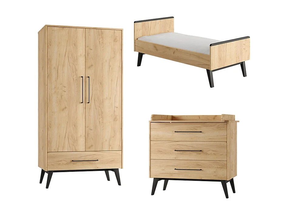 Chambre complète lit évolutif 70x140 commode à langer et armoire 2 portes Retro Bois