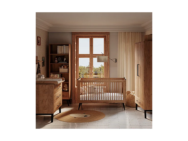 Chambre complète lit évolutif 70x140 commode à langer et armoire 2 portes Retro Bois