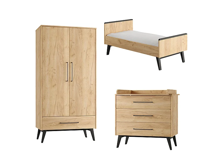 Komplett sovrum växasäng 70x140 byrå och 2-dörrars garderob Pinio Retro Trä