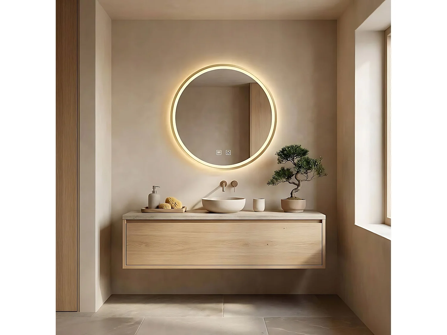 Specchio Da Bagno Rea Led Mmj Gold 80Cm, Rotondo, 80X80X80Cm