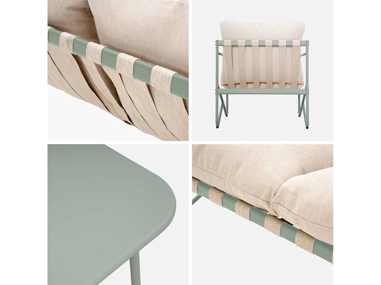 Salon de jardin 4 places avec table en métal. avec des sangles. savane