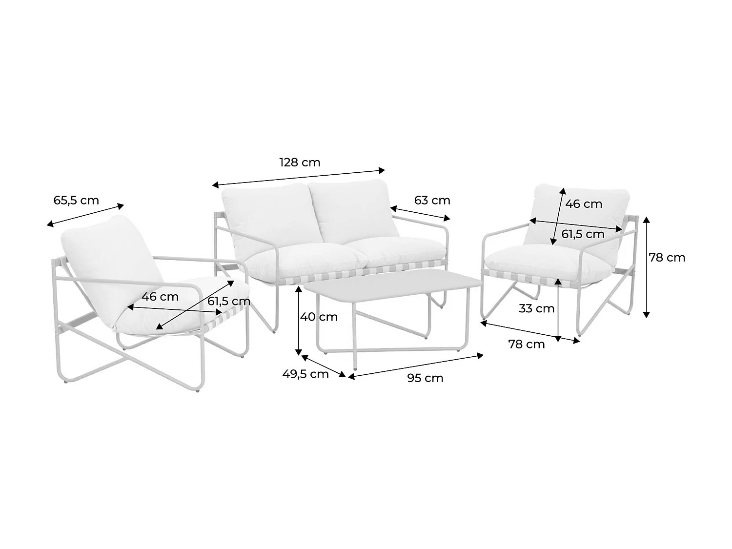 Salon de jardin 4 places avec table en métal. avec des sangles. savane
