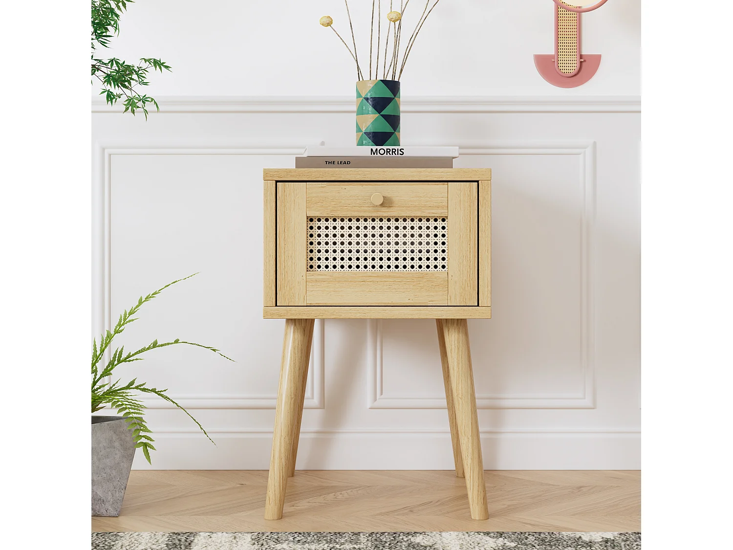 Comodino con cassetto singolo e piano in rattan per soggiorno, camera da letto, 38x38x58,5 cm, Naturale