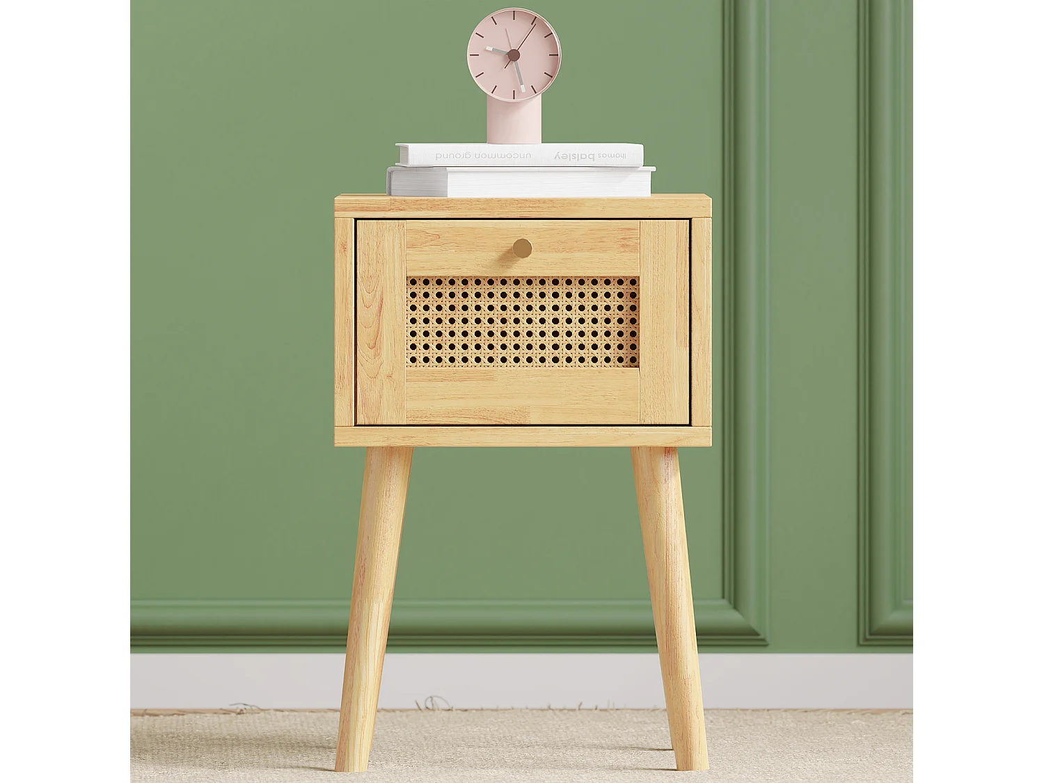 Comodino con cassetto singolo e piano in rattan per soggiorno, camera da letto, 38x38x58,5 cm, Naturale