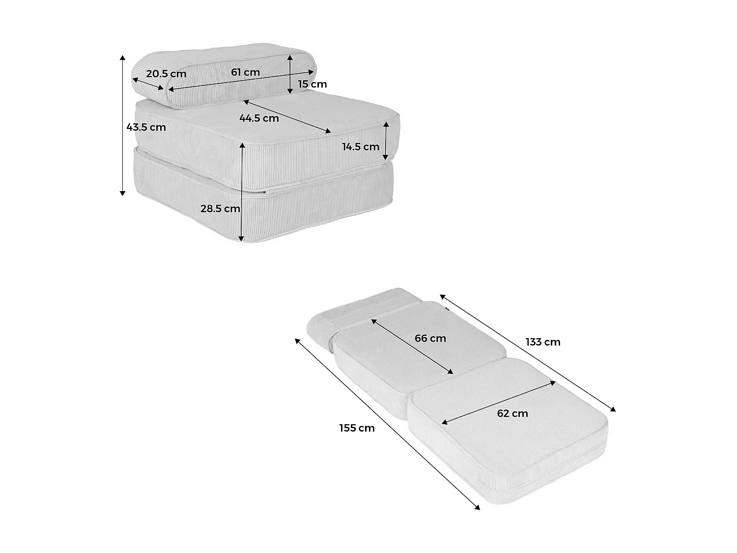 Fauteuil enfant en velours côtelé dépliable. couleur crème. L 66 x P 62 x H 43.5 cm