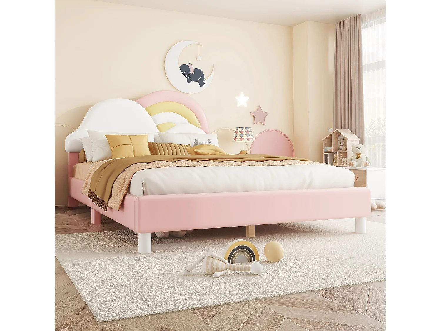 Cama infantil individual 140x200cm, cama acolchada con suave cabecero de nube arcoíris, somier de láminas de madera, PU, rosa