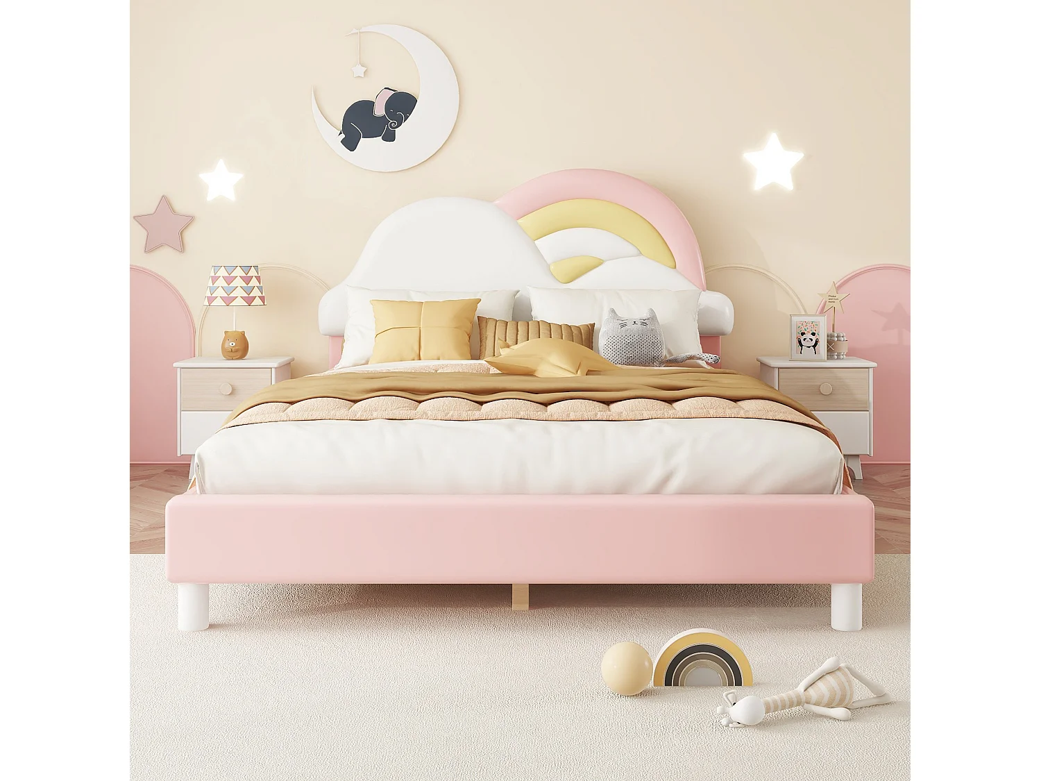 Cama infantil individual 140x200cm, cama acolchada con suave cabecero de nube arcoíris, somier de láminas de madera, PU, rosa