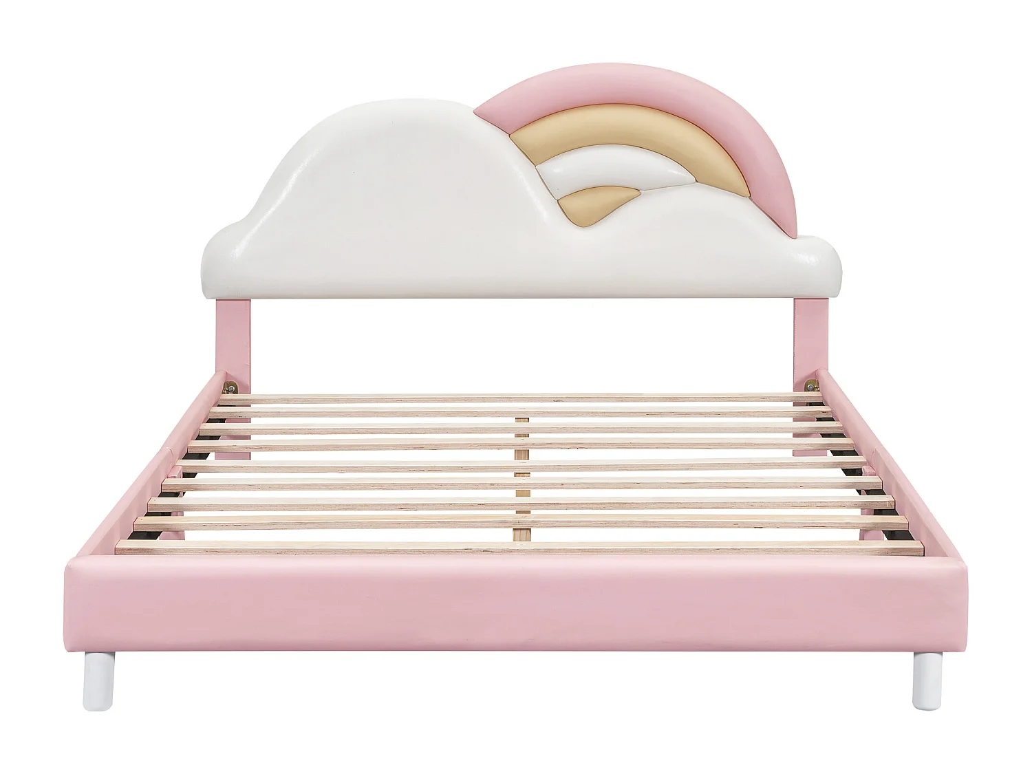 Cama infantil individual 140x200cm, cama acolchada con suave cabecero de nube arcoíris, somier de láminas de madera, PU, rosa