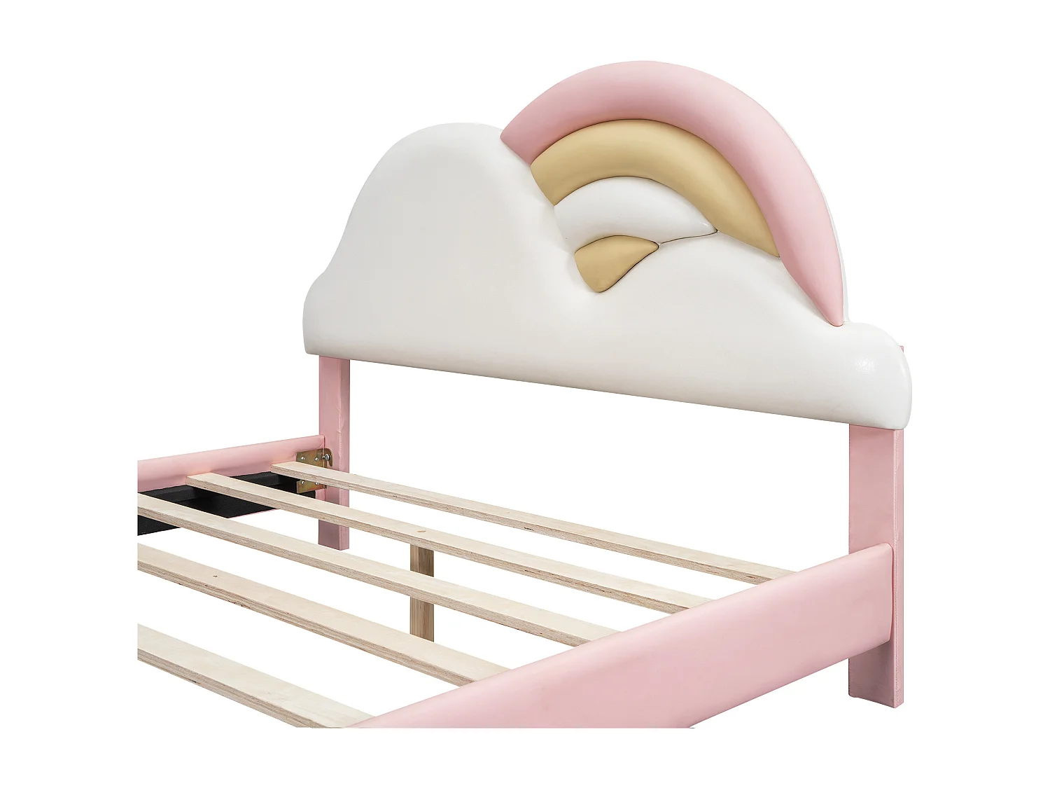 Cama infantil individual 140x200cm, cama acolchada con suave cabecero de nube arcoíris, somier de láminas de madera, PU, rosa