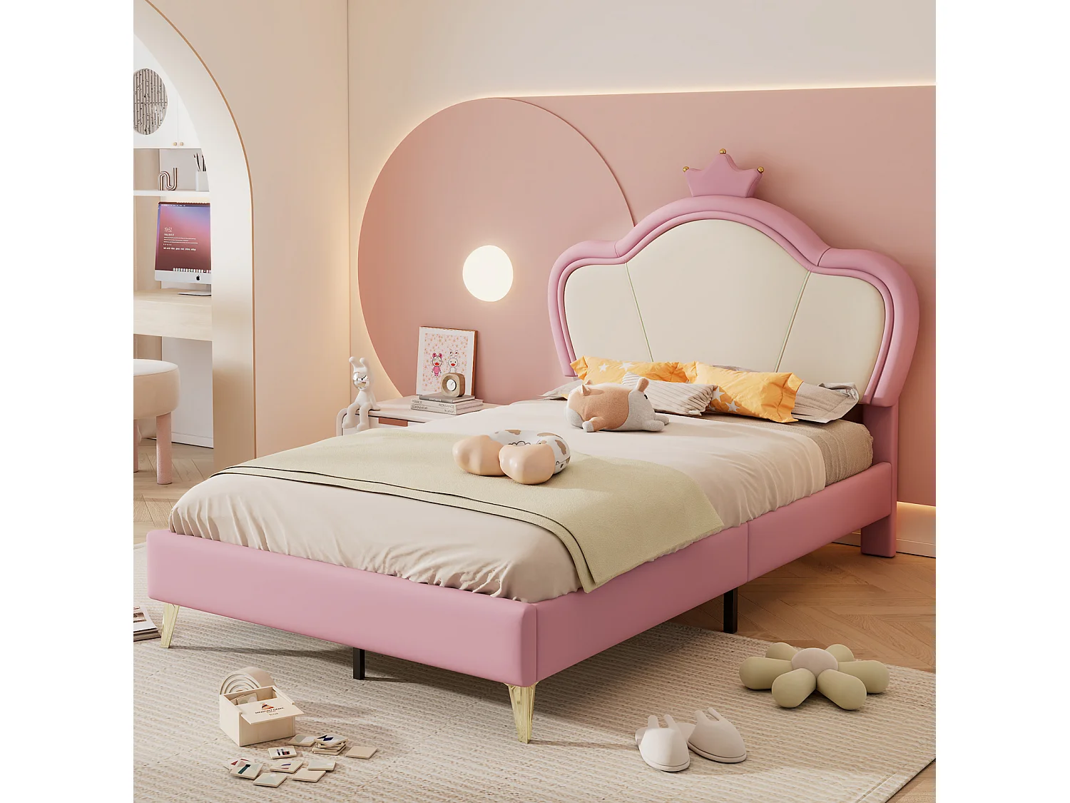 Cama tapizada-con bordes protectores suaves-elegante perfil de cabecero tapizado-rosa+blanco-90×200cm