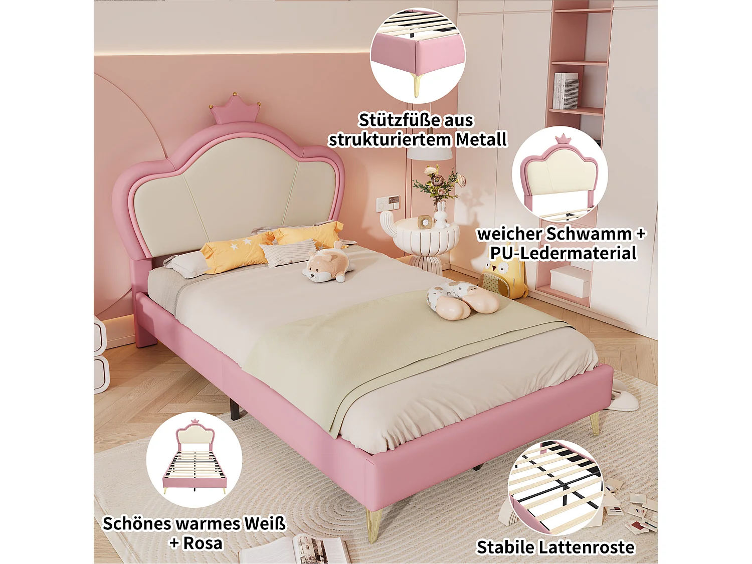 Cama tapizada-con bordes protectores suaves-elegante perfil de cabecero tapizado-rosa+blanco-90×200cm