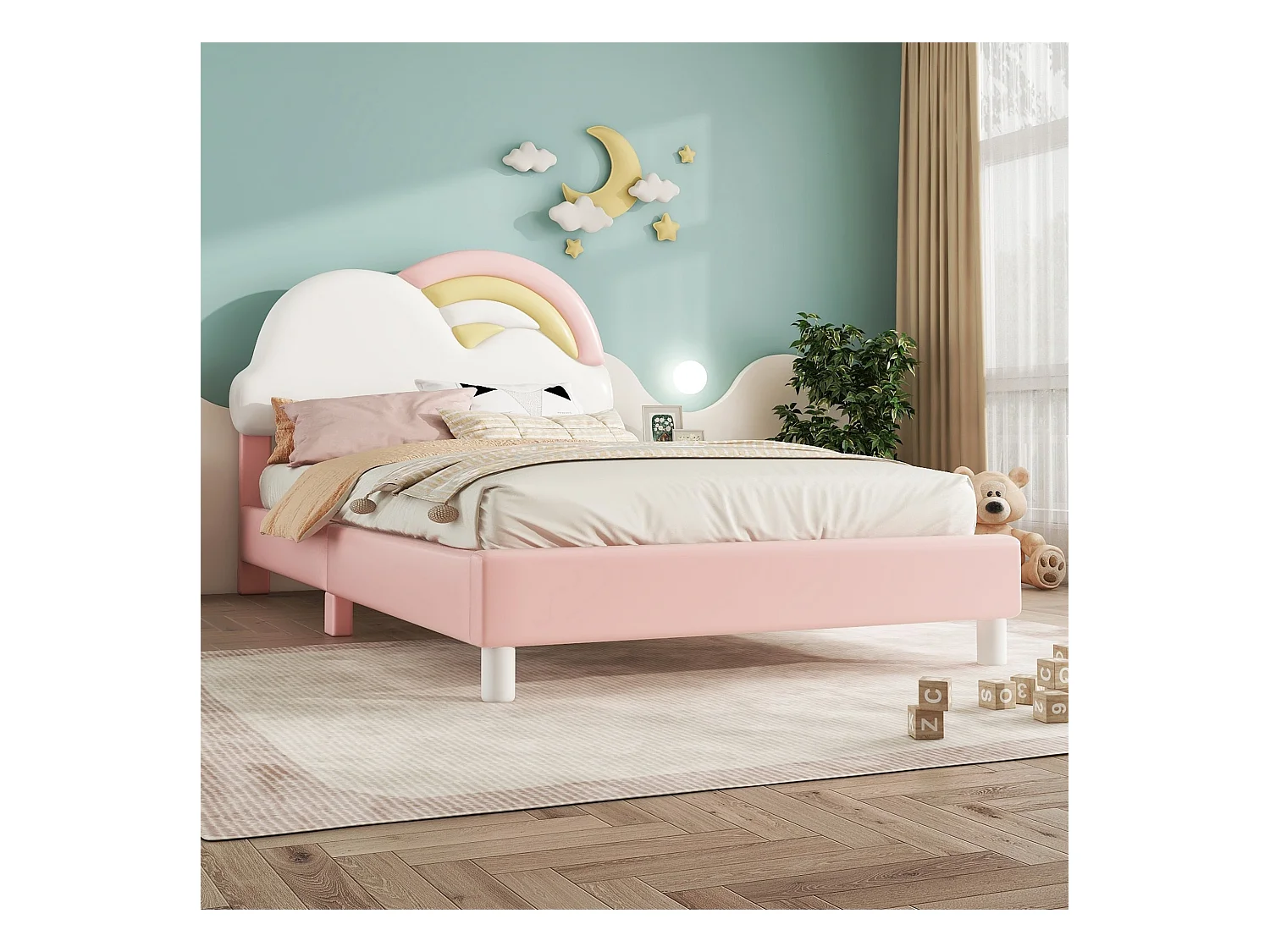 Kinderbed eenpersoonsbed 90x200cm, gestoffeerd bed met zacht regenboogwolk hoofdbord, houten lattenbodem, PU, roze