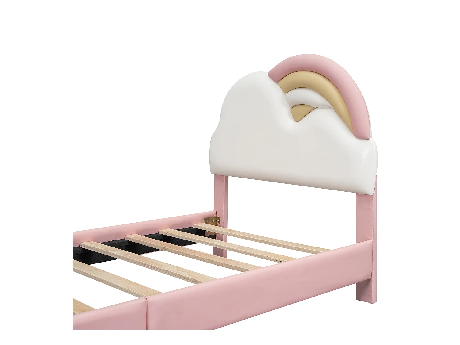 Kinderbed eenpersoonsbed 90x200cm, gestoffeerd bed met zacht regenboogwolk hoofdbord, houten lattenbodem, PU, roze