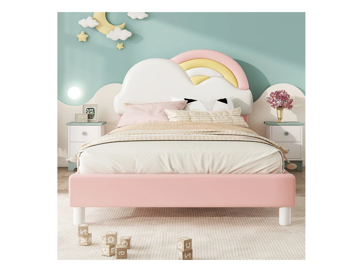 Kinderbed eenpersoonsbed 90x200cm, gestoffeerd bed met zacht regenboogwolk hoofdbord, houten lattenbodem, PU, roze