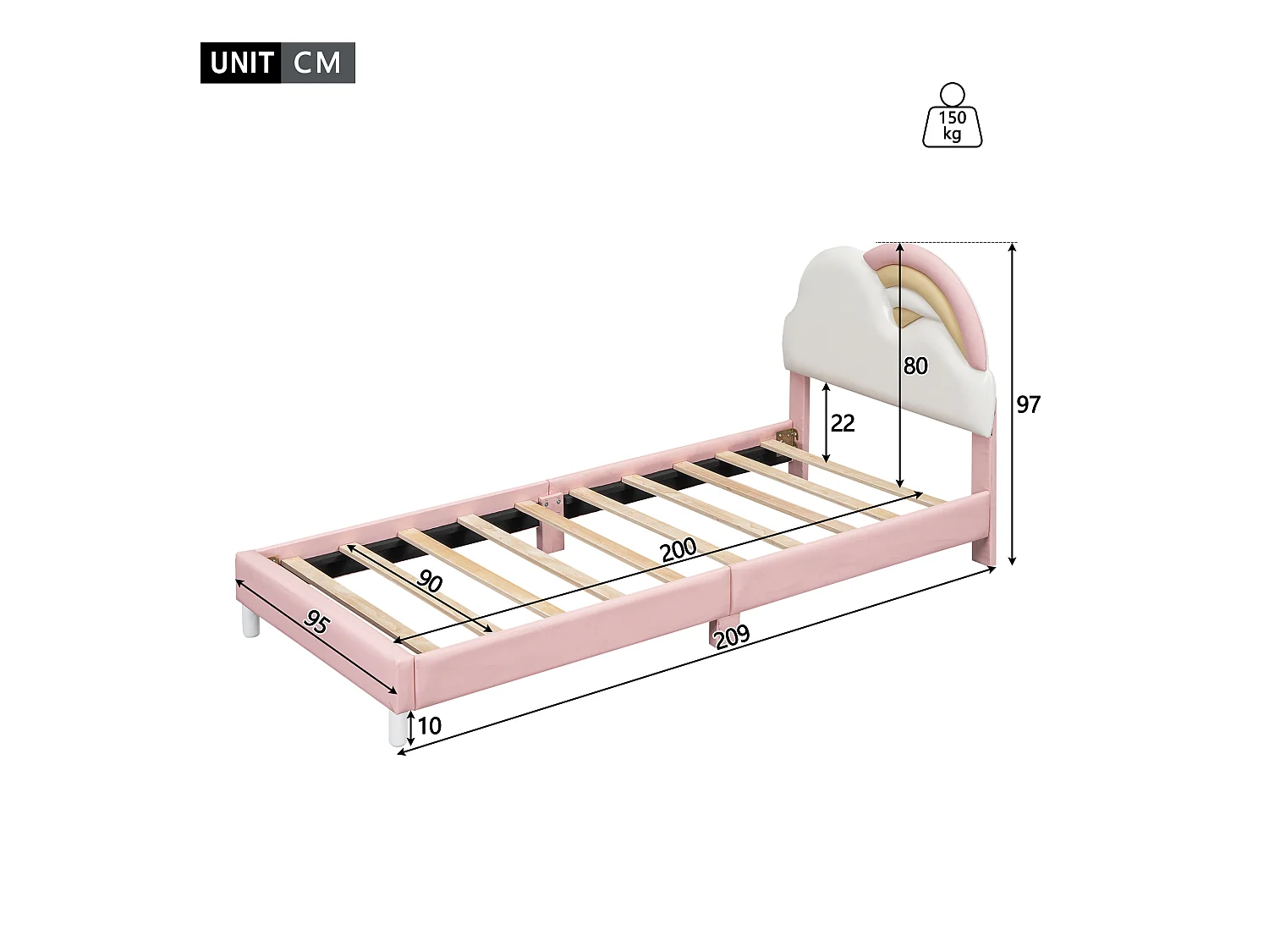 Kinderbed eenpersoonsbed 90x200cm, gestoffeerd bed met zacht regenboogwolk hoofdbord, houten lattenbodem, PU, roze