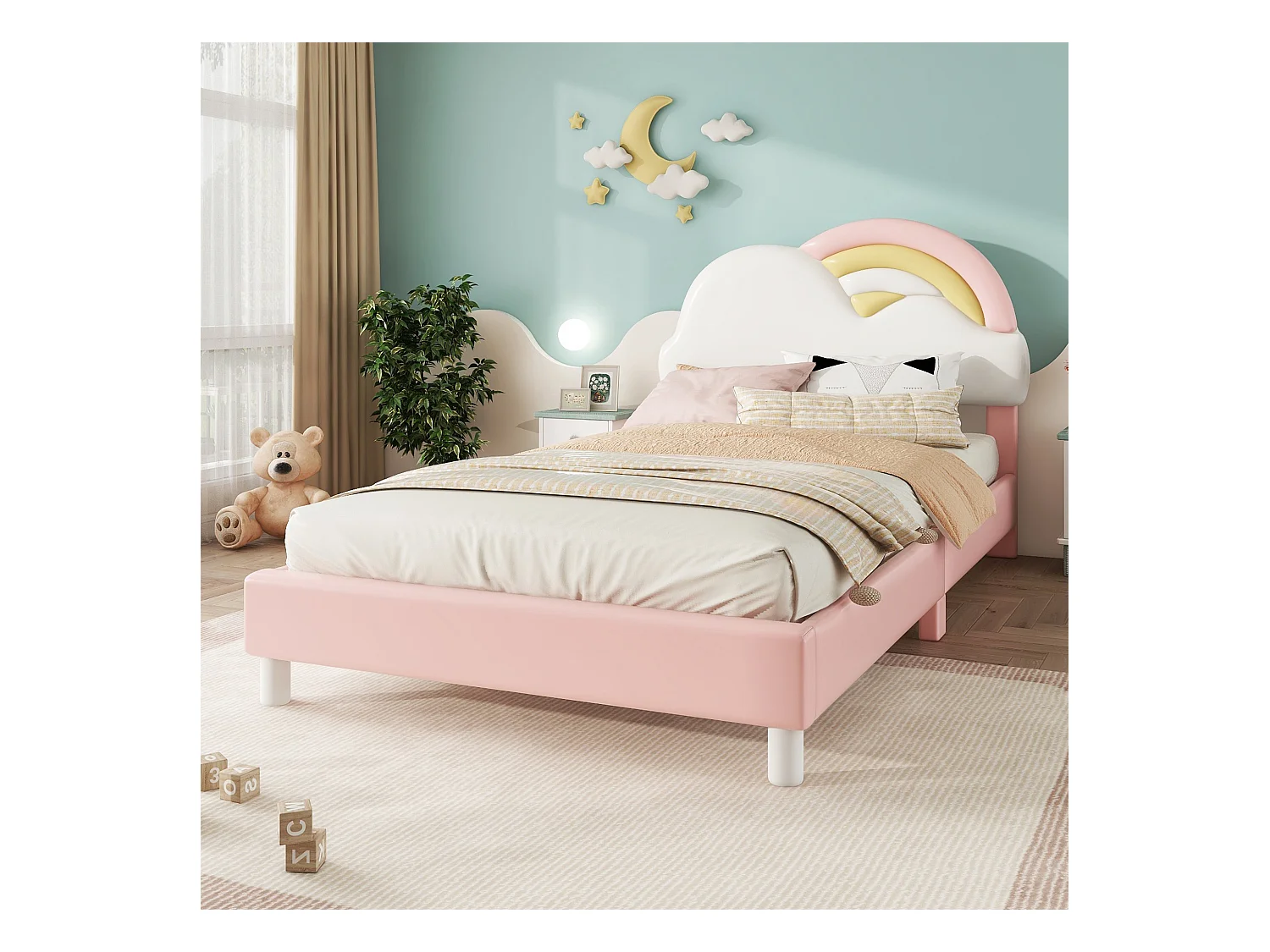 Kinderbed eenpersoonsbed 90x200cm, gestoffeerd bed met zacht regenboogwolk hoofdbord, houten lattenbodem, PU, roze