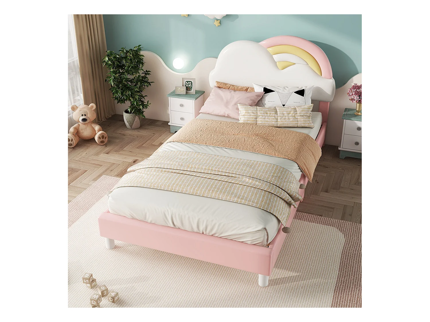 Kinderbed eenpersoonsbed 90x200cm, gestoffeerd bed met zacht regenboogwolk hoofdbord, houten lattenbodem, PU, roze