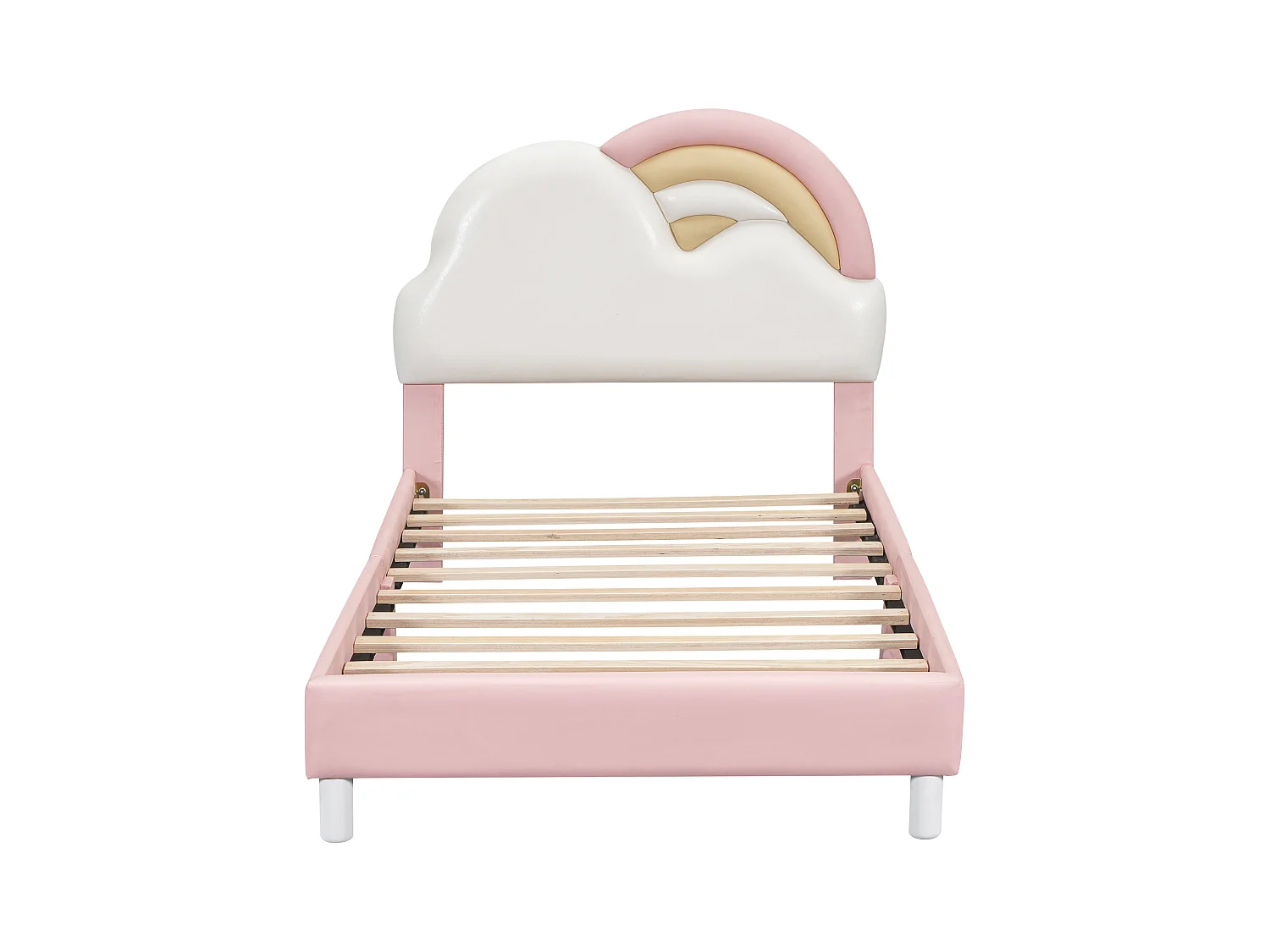 Kinderbed eenpersoonsbed 90x200cm, gestoffeerd bed met zacht regenboogwolk hoofdbord, houten lattenbodem, PU, roze