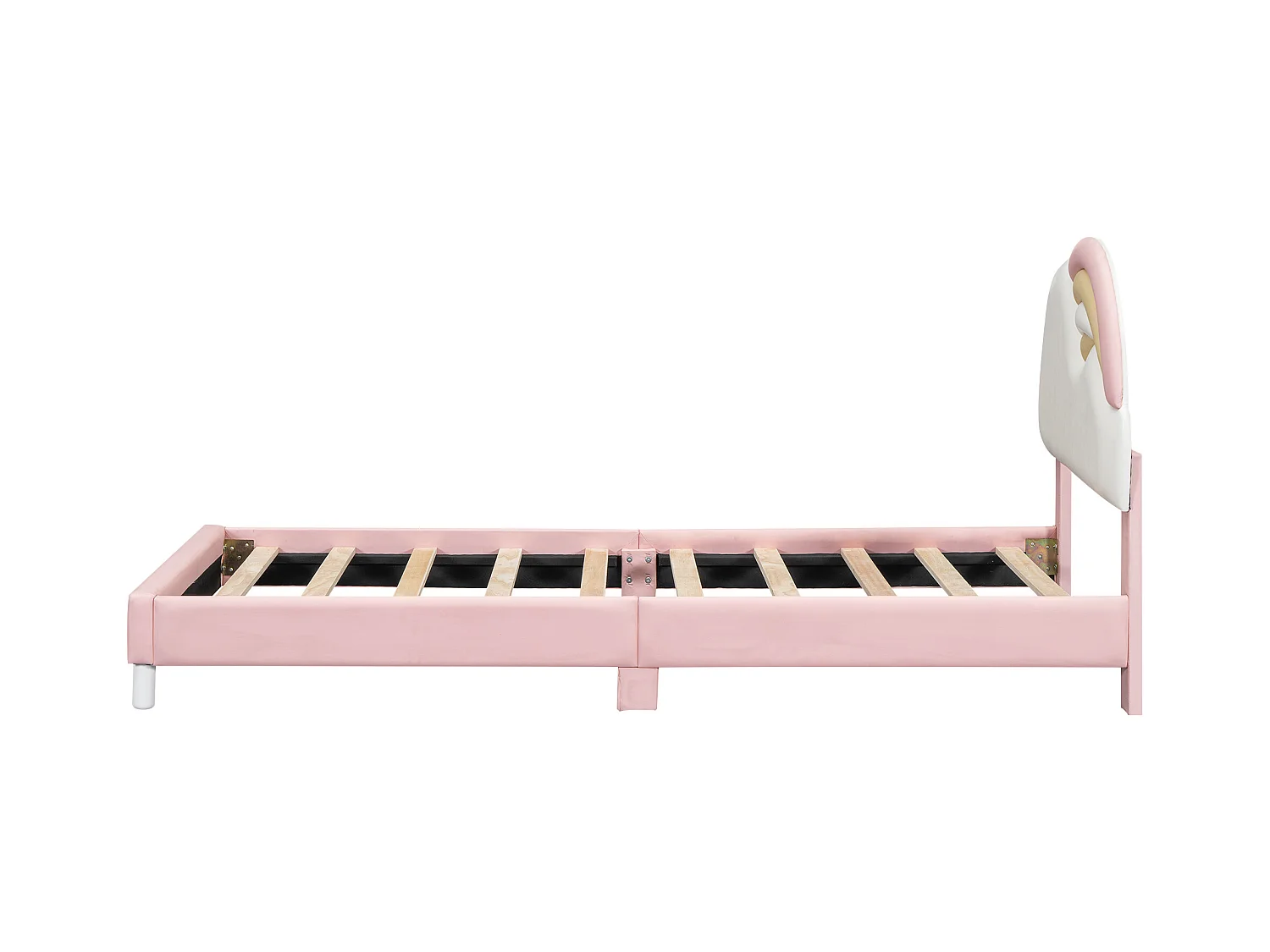 Kinderbed eenpersoonsbed 90x200cm, gestoffeerd bed met zacht regenboogwolk hoofdbord, houten lattenbodem, PU, roze
