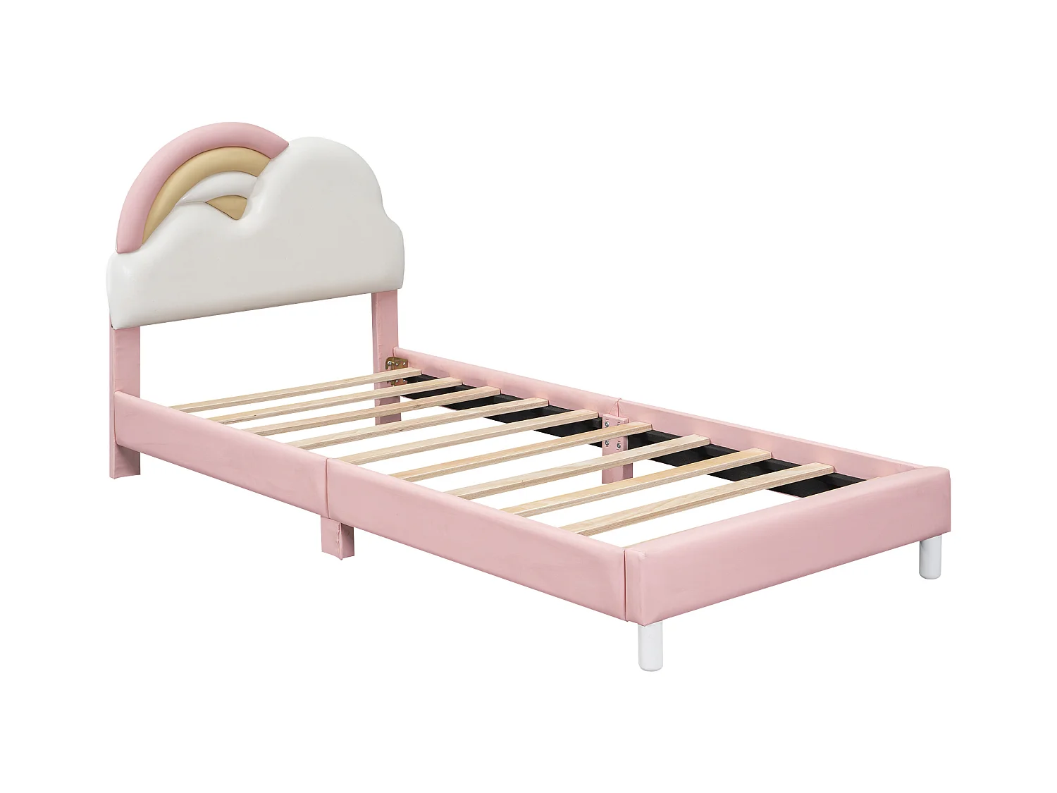 Kinderbed eenpersoonsbed 90x200cm, gestoffeerd bed met zacht regenboogwolk hoofdbord, houten lattenbodem, PU, roze