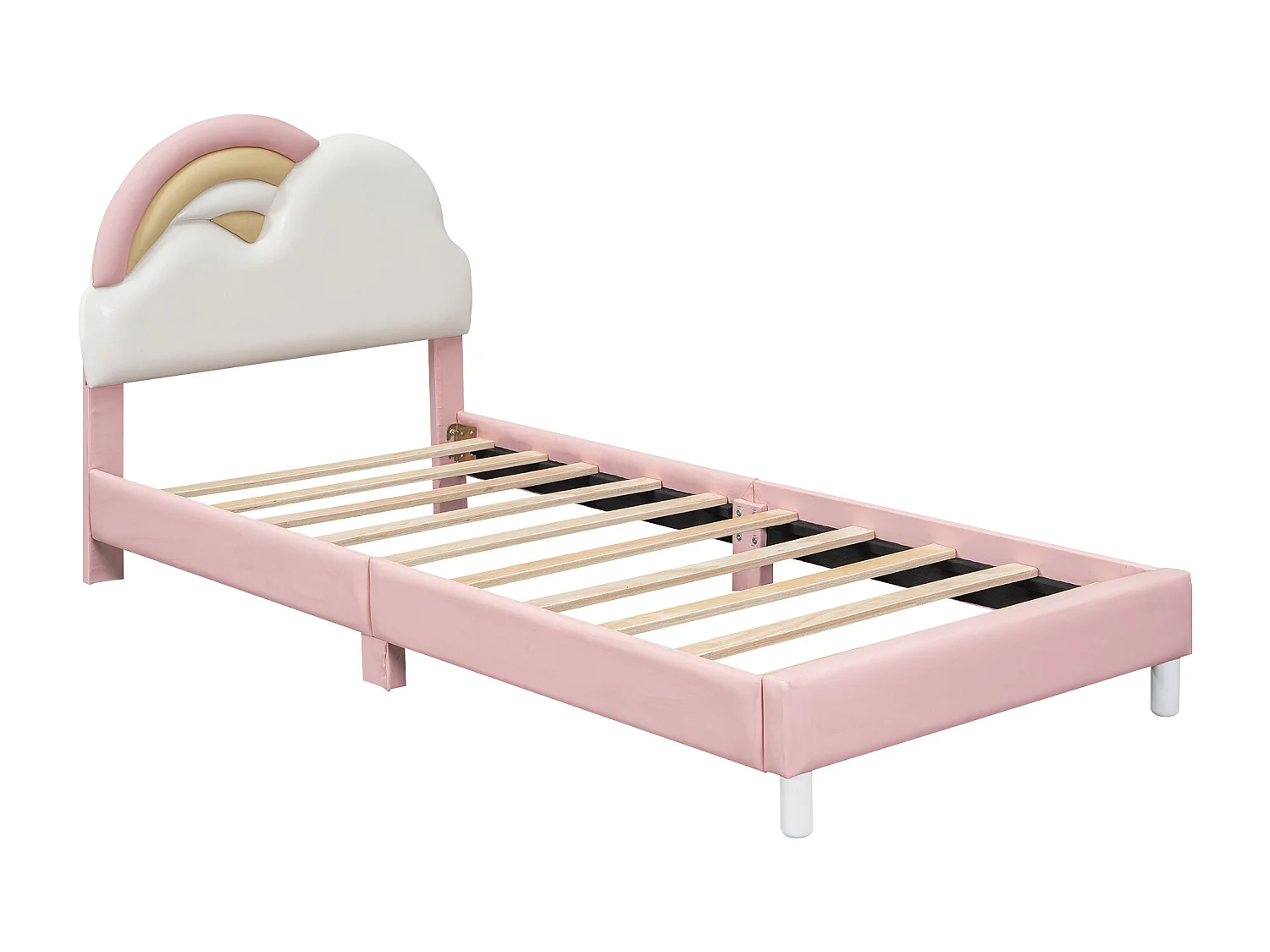 Kinderbed eenpersoonsbed 90x200cm, gestoffeerd bed met zacht regenboogwolk hoofdbord, houten lattenbodem, PU, ​​​​roze