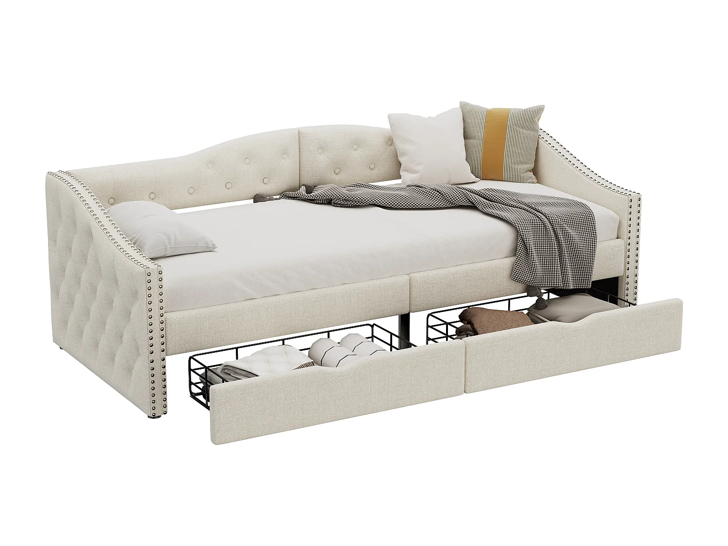 Schlafsofa 90 x 200 cm, Tagesbett, Einzel-Tagesbett mit Schubladen, großer Stauraum, Weiß