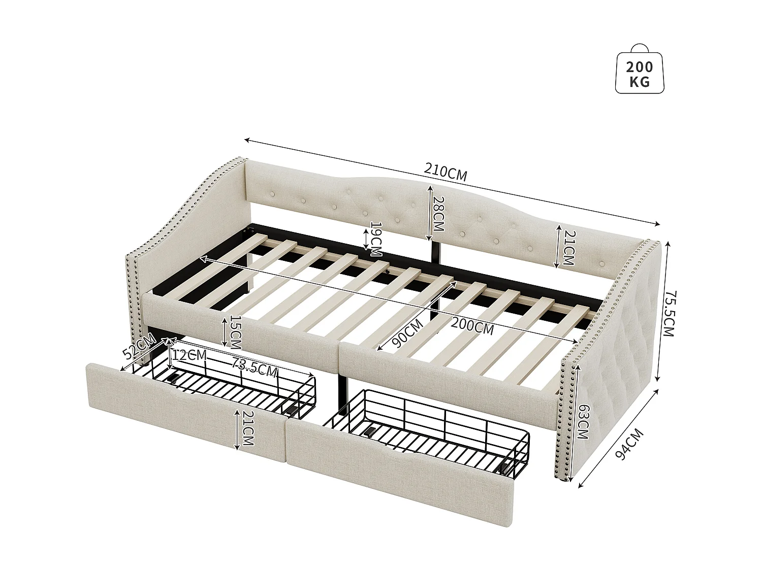 Schlafsofa 90 x 200 cm, Tagesbett, Einzel-Tagesbett mit Schubladen, großer Stauraum, Weiß