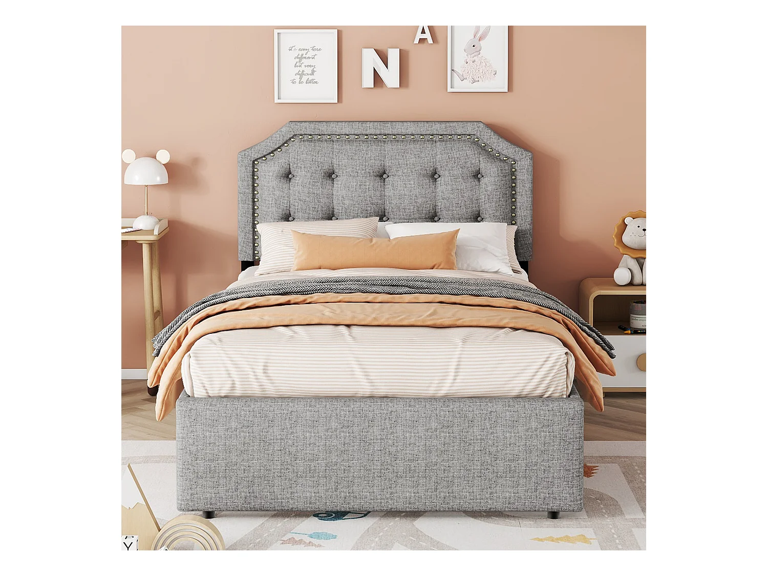 Cama individual 90x200cm, cama plana acolchada, con 3 cajones, somier y cabecero, blanco