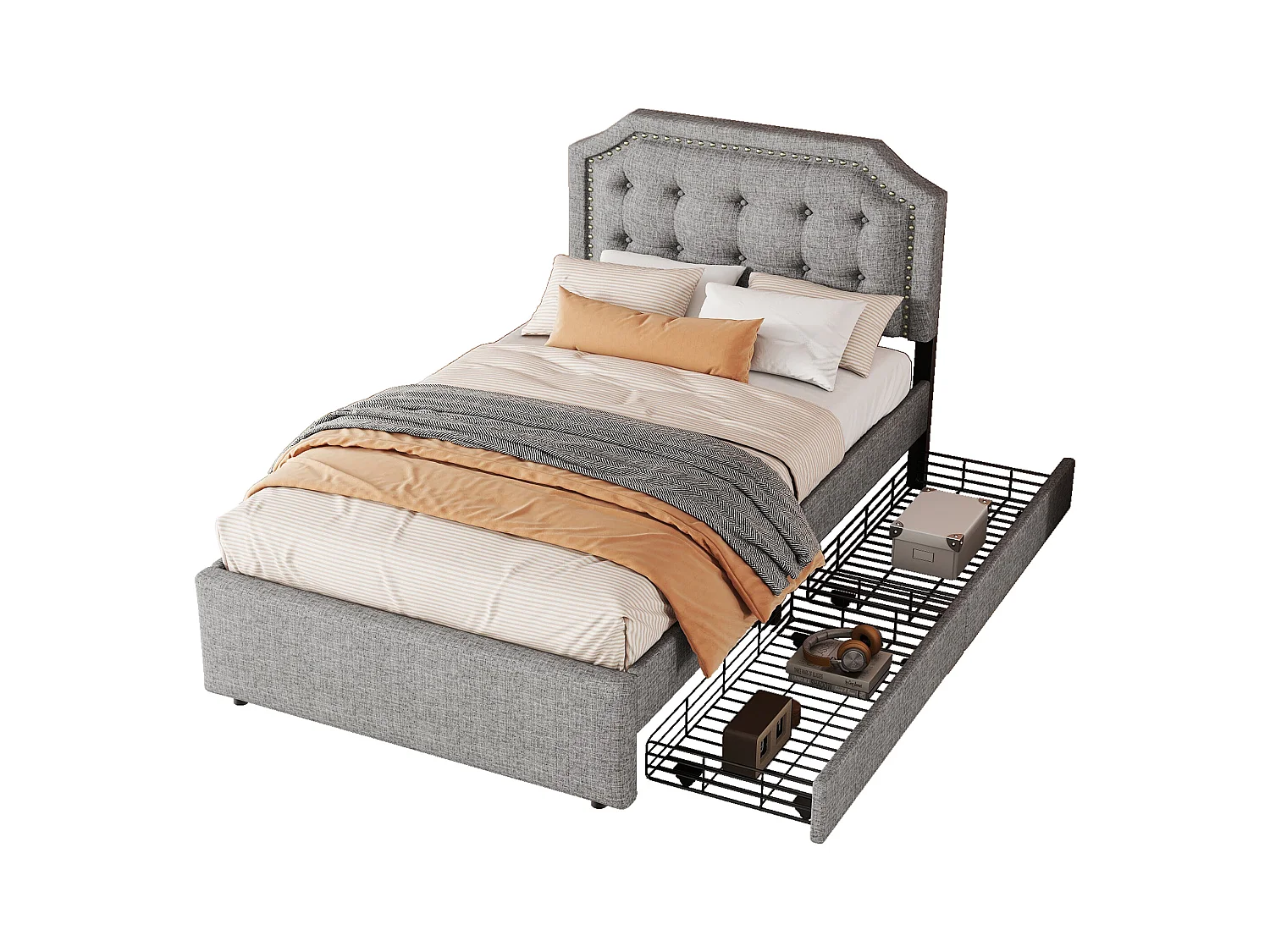 Cama individual 90x200cm, cama plana acolchada, con 3 cajones, somier y cabecero, blanco