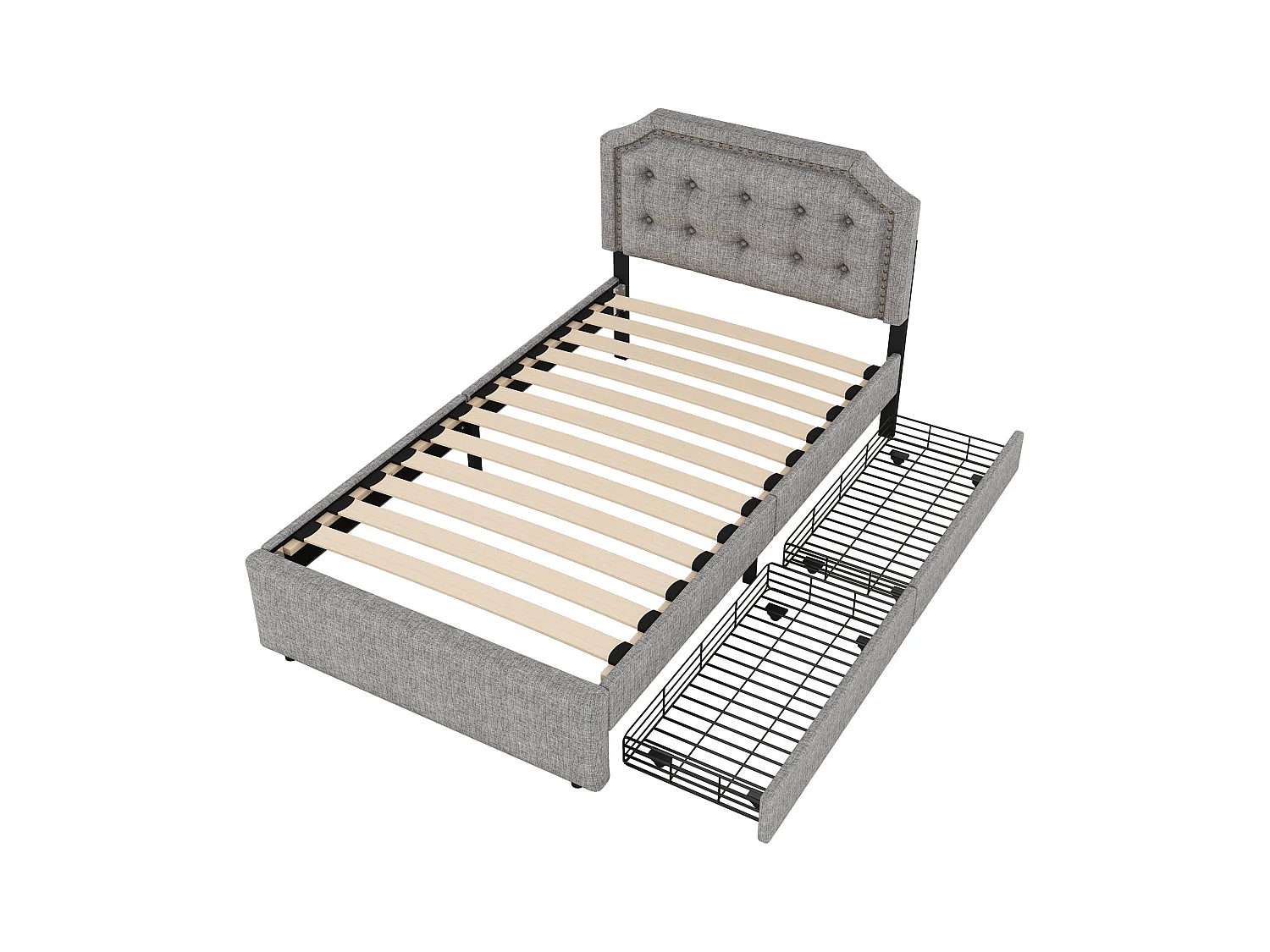 Cama individual 90x200cm, cama plana acolchada, con 3 cajones, somier y cabecero, blanco