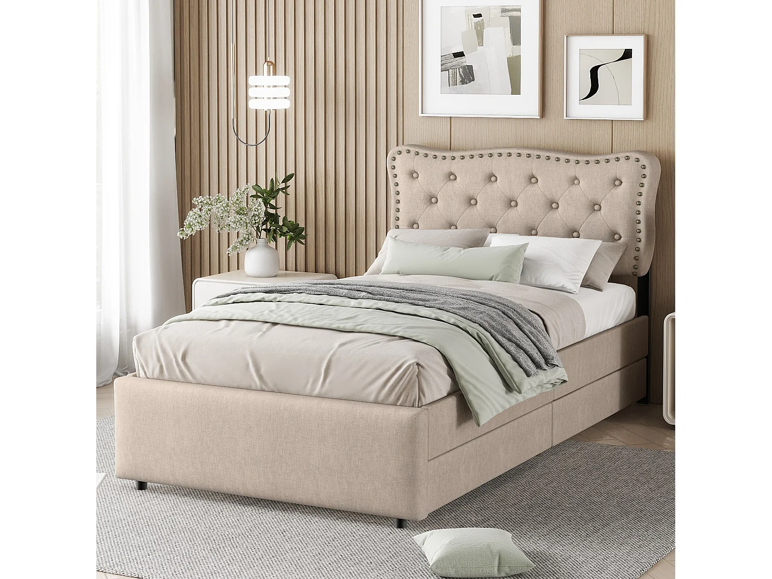 Flachbett, Polsterbett, Nachttischbezug mit Ziernieten, Doppelschubladen, dunkelbeige, 90*200 cm