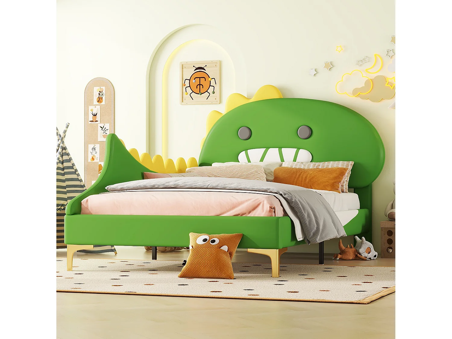 Bed 90x200cm, kinderbed in de vorm van een cartoondinosaurus, plat bed met lattenbodem en hoofdeinde, PU-materiaal, grijs