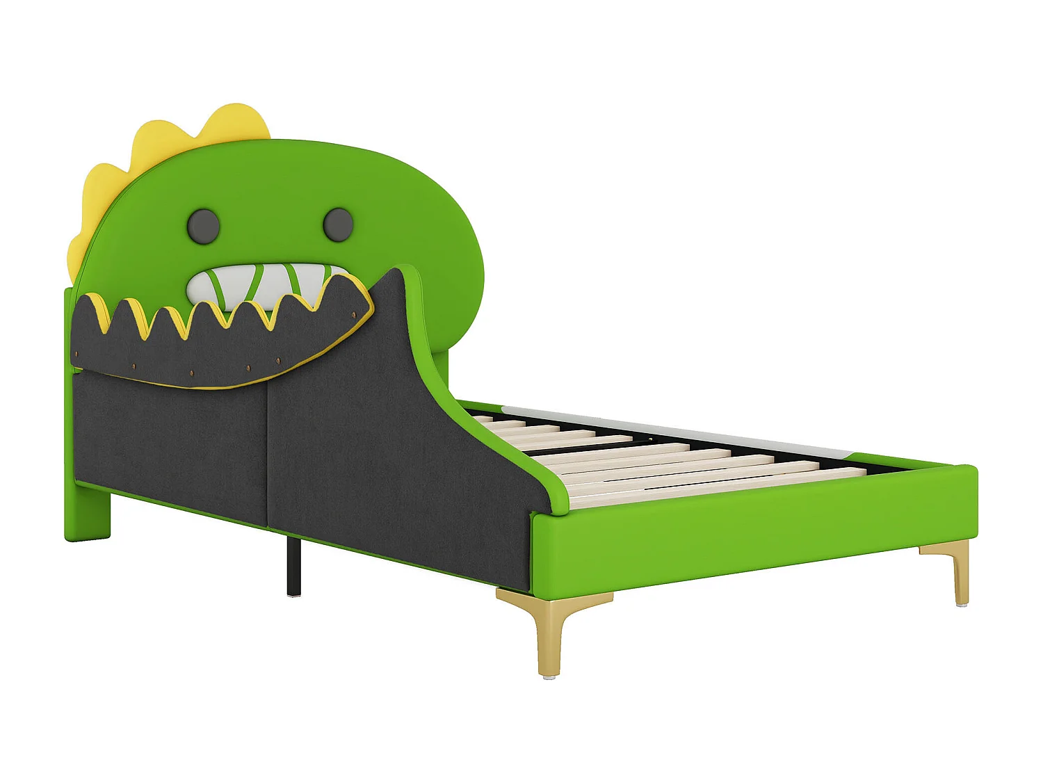 Bed 90x200cm, kinderbed in de vorm van een cartoondinosaurus, plat bed met lattenbodem en hoofdeinde, PU-materiaal, grijs