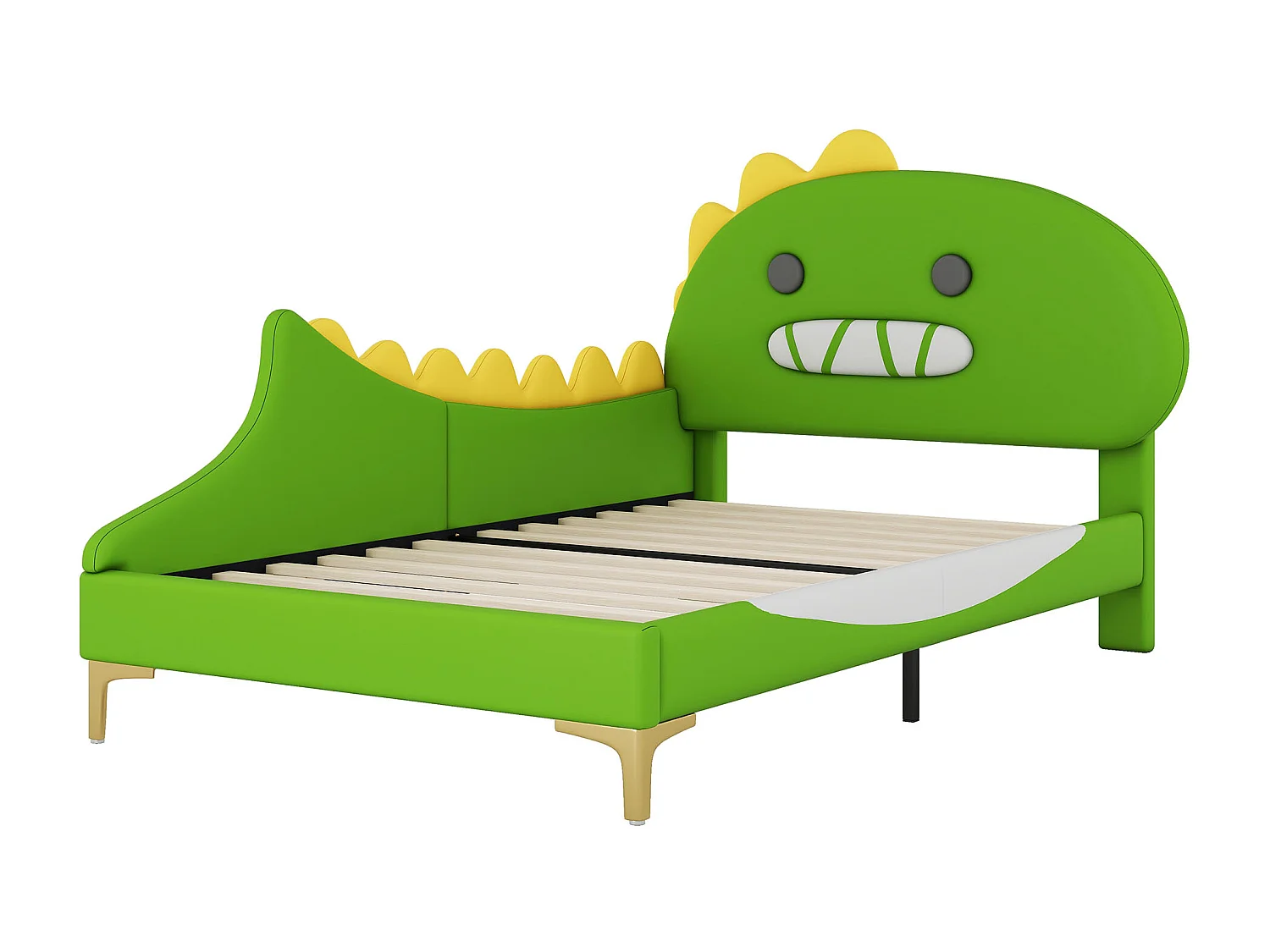 Bed 90x200cm, kinderbed in de vorm van een cartoondinosaurus, plat bed met lattenbodem en hoofdeinde, PU-materiaal, grijs