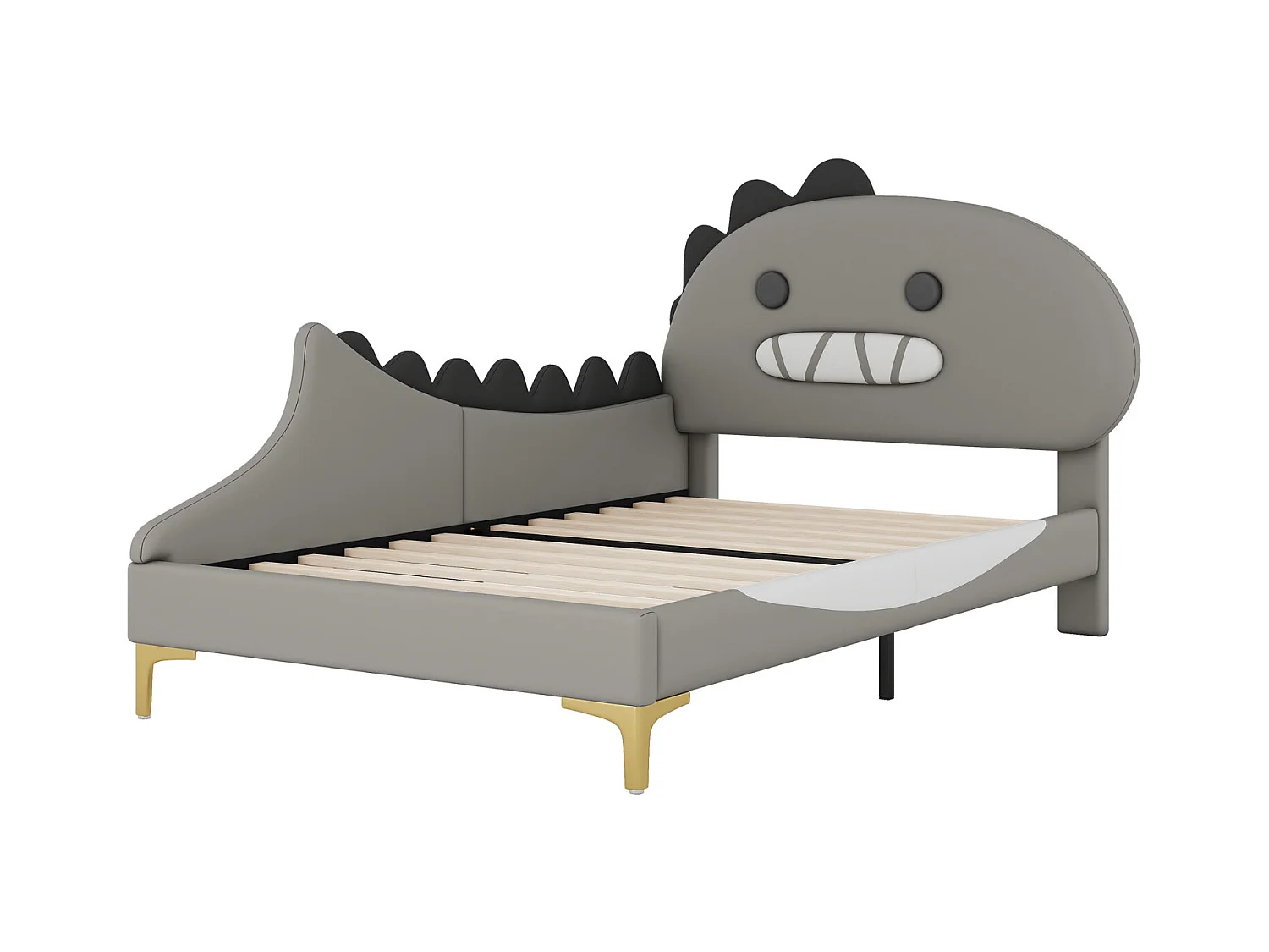 Lit 90x200cm, lit d'enfant en forme de dinosaure de dessin animé, lit plat avec sommier à lattes et tête de lit, matériel PU, vert